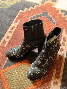 Midas Shoes Women’s Embroidered Black Floral Ankle Booties with Side Zip